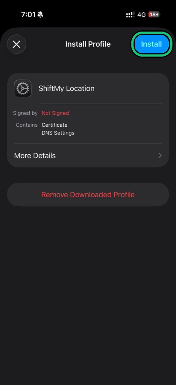 Install Profile screen showing Install highlighted