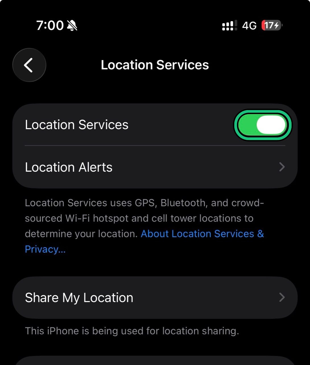 Location Services screen showing the Location Services toggle highlighted