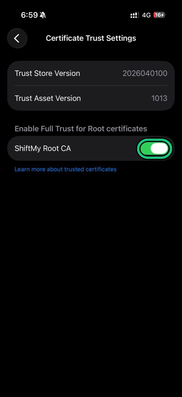 Certificate Trust Settings showing ShiftMy Root CA highlighted