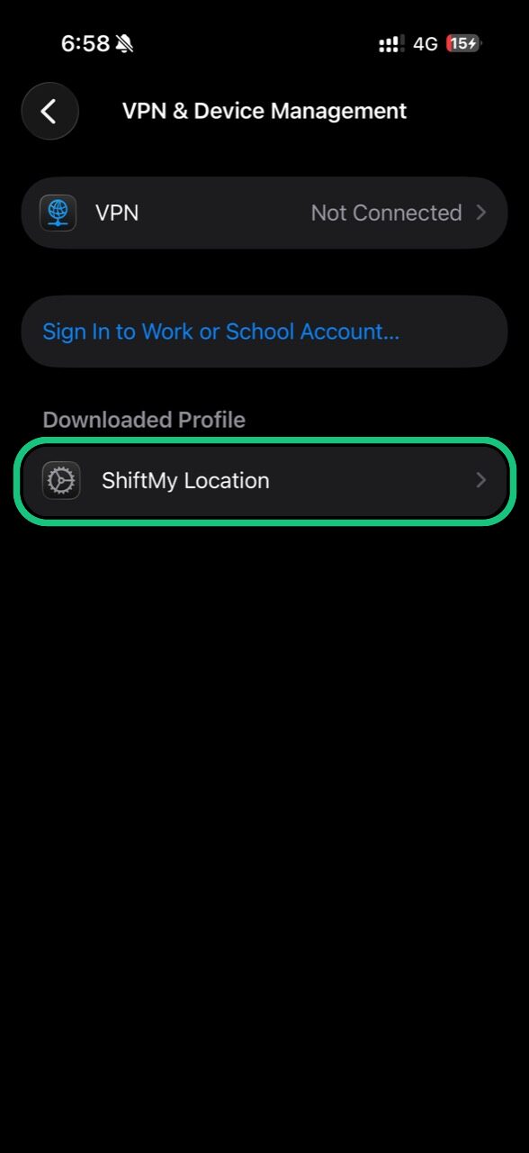 VPN and Device Management showing ShiftMy Location highlighted